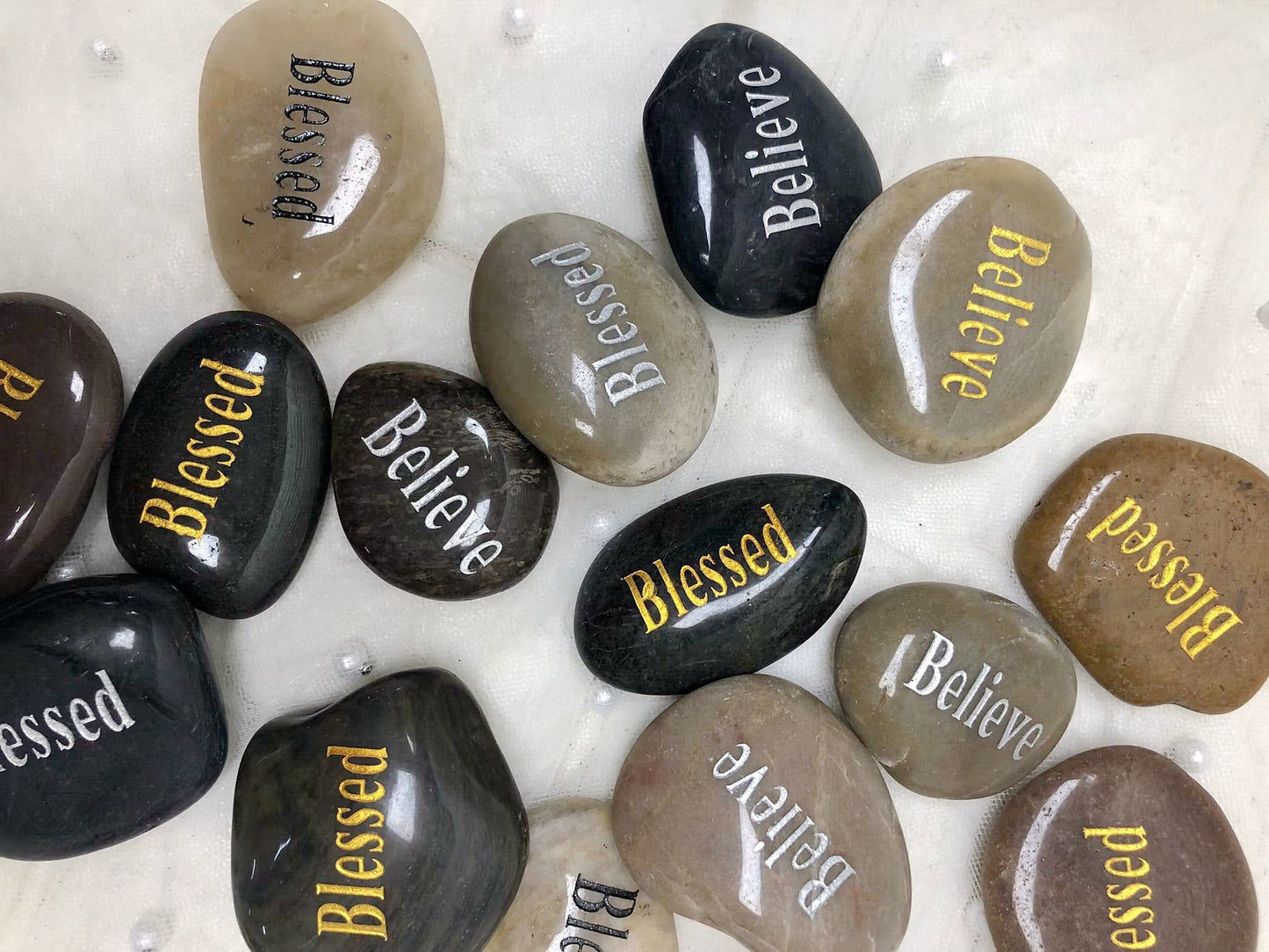 Double Side Etched Inspirational Stones with Words blessed believe