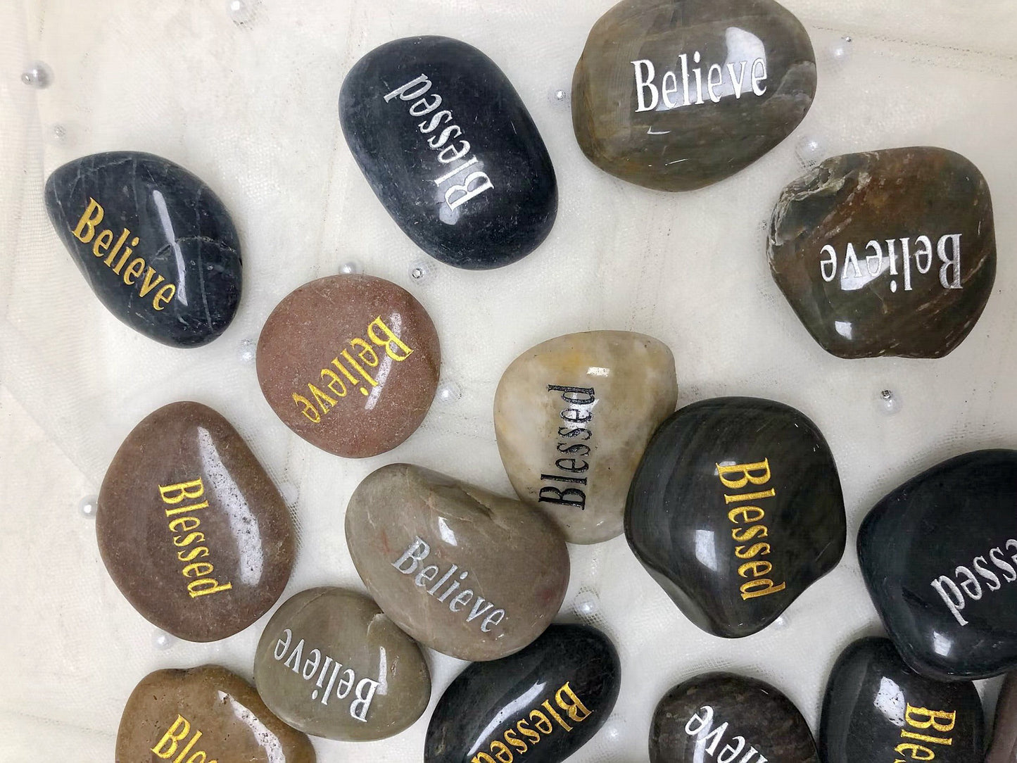 Double Side Etched Inspirational Stones with Words blessed believe